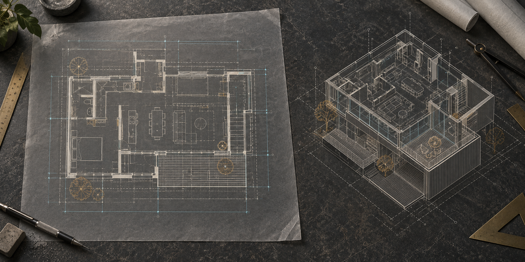 An architectural floor plan on drafting paper beside a separate isometric wireframe building model, presented as an editorial illustration rather than a software screenshot.