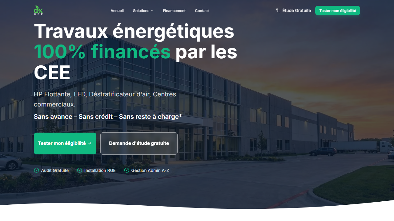 CK-CEE homepage hero with a commercial building background, the headline about CEE-funded energy work, and links to the eligibility estimator and free study request.