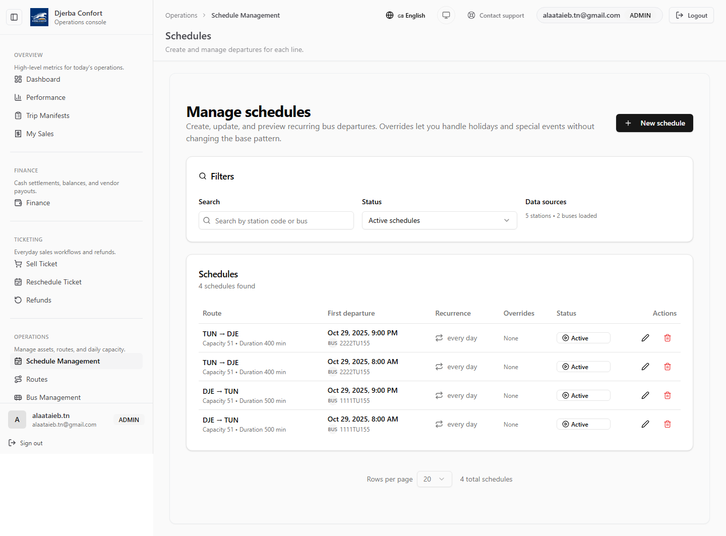 Djerba Confort Operations Console: Schedule management interface showing appointments, resources, and availability.