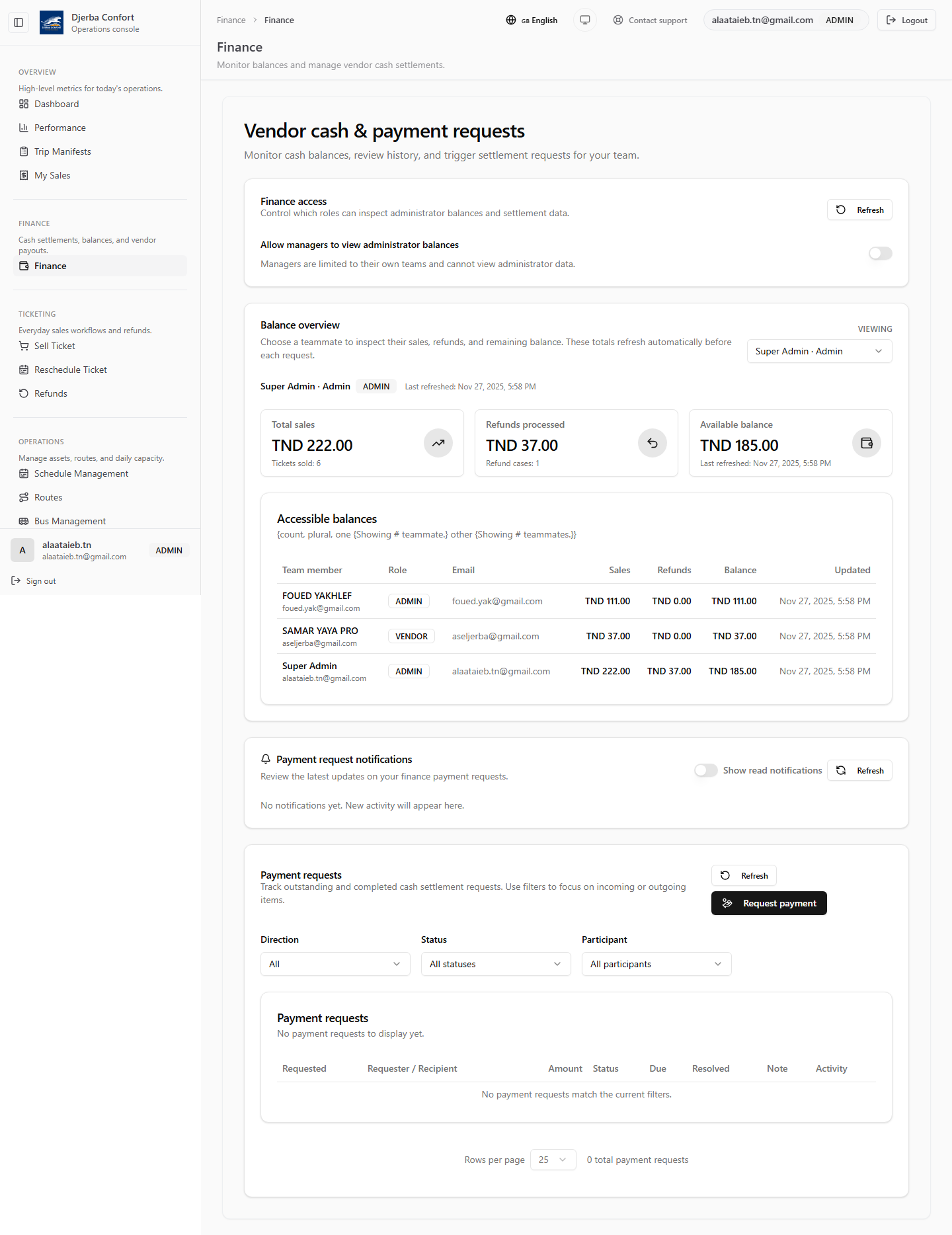 Djerba Confort Operations Console: vendor-cash page showing financial data and transaction details.