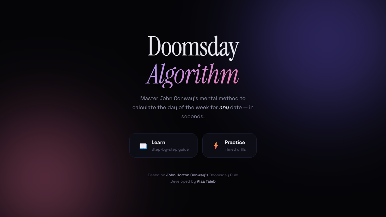 Doomsday Algorithm home screen with Learn and Practice buttons on a dark purple gradient.