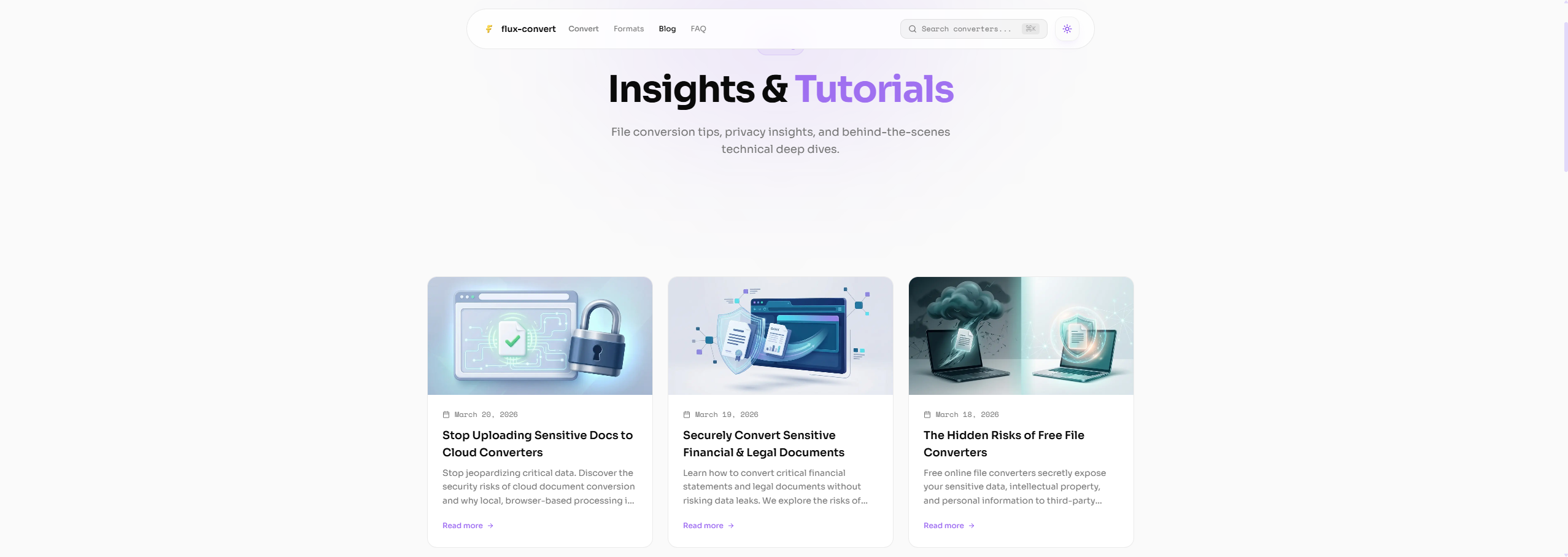 Flux Convert blog page featuring articles about file conversion tips and format guides.