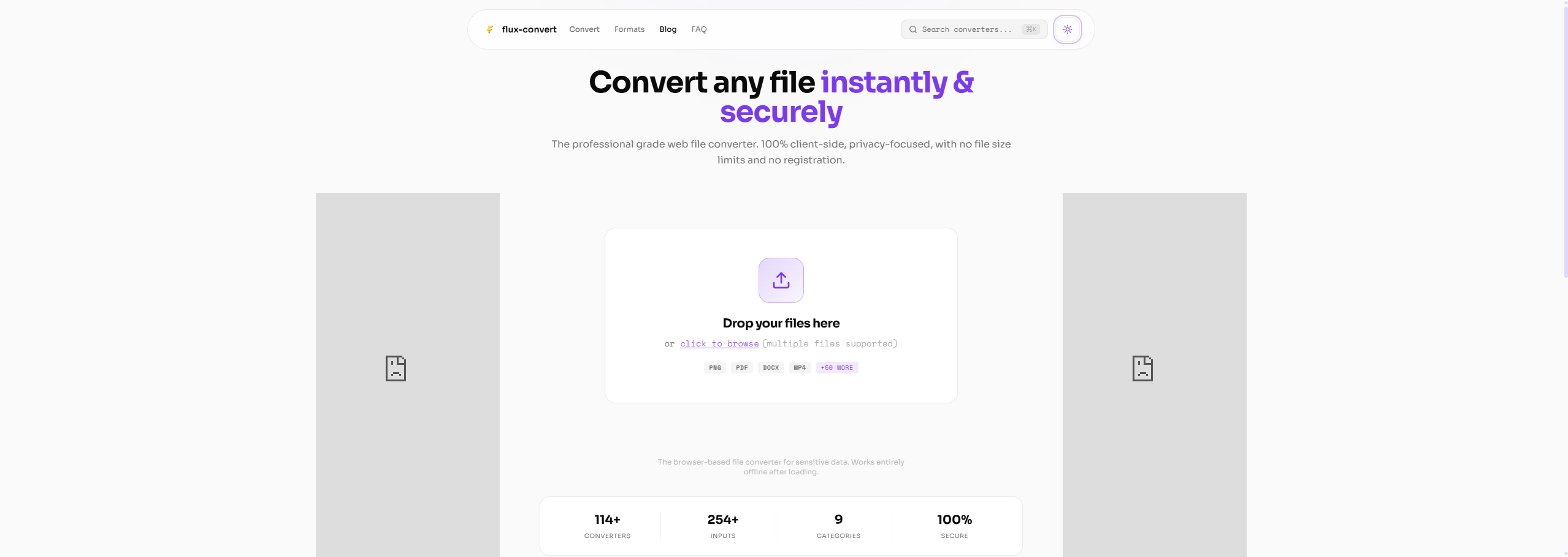 Flux Convert file conversion page with drag-and-drop area and output format selection controls.