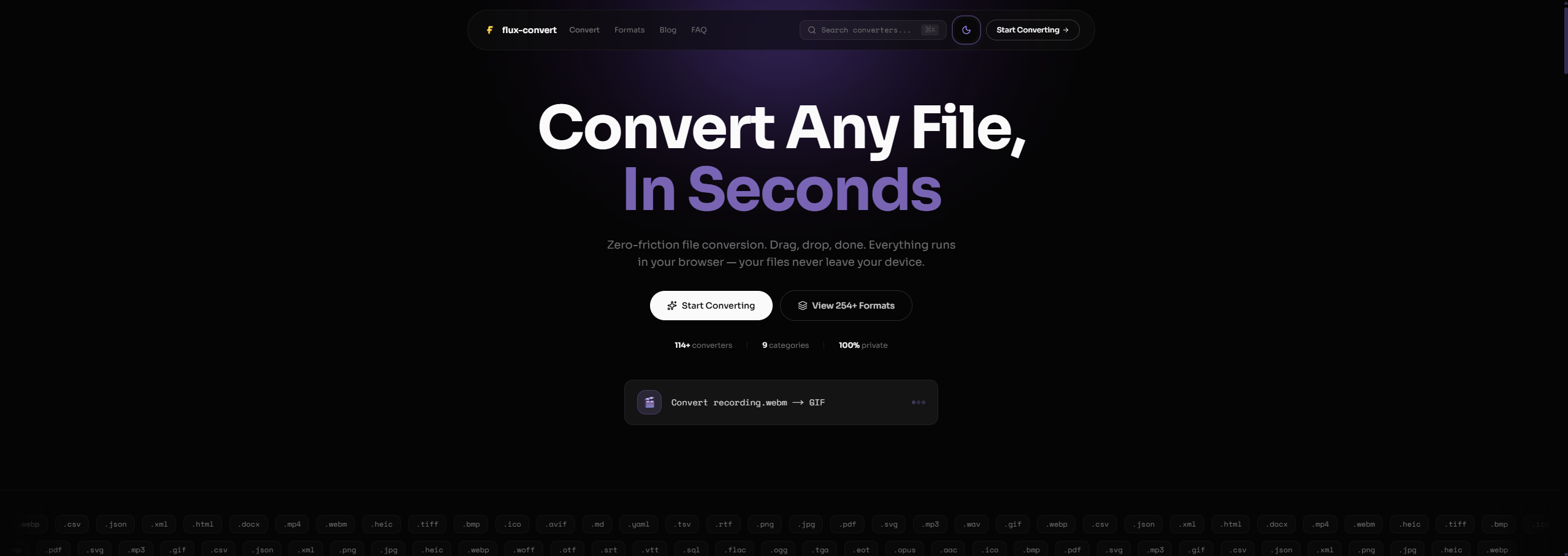 Flux Convert landing page in dark mode showcasing the file conversion interface with supported format categories.