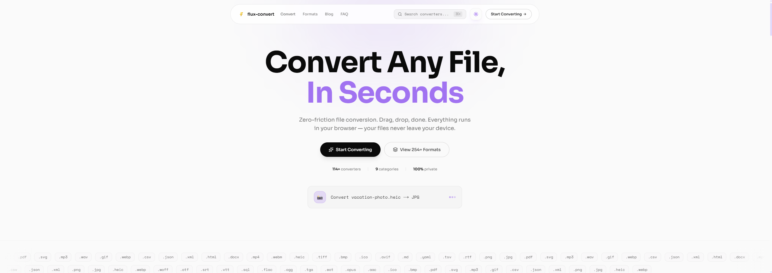 Flux Convert landing page in light mode displaying the clean conversion UI with format selection.