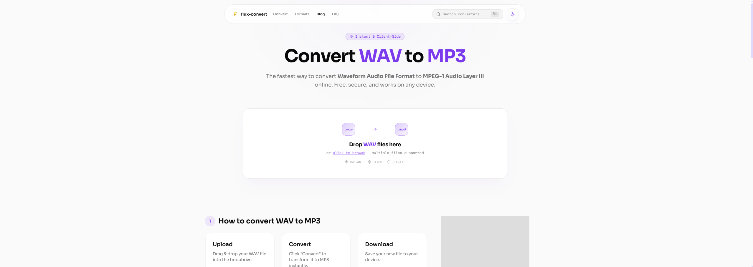 WAV to MP3 conversion tool page with file upload area and conversion settings.
