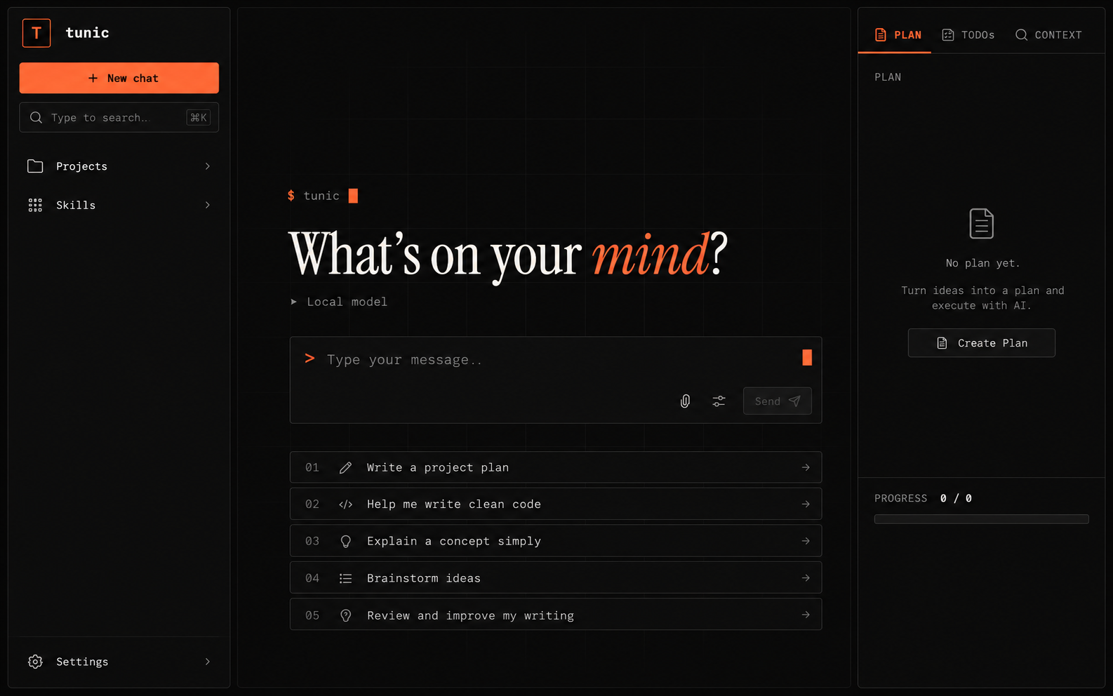 AI-generated illustration of Tunic Desktop's dark workspace, with a left navigation rail, central chat composer, and right-side planning panel in charcoal, orange, and cyan. It represents the interface but is not a literal screenshot.